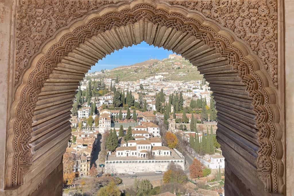 View from ornately carved window in Alhambra
