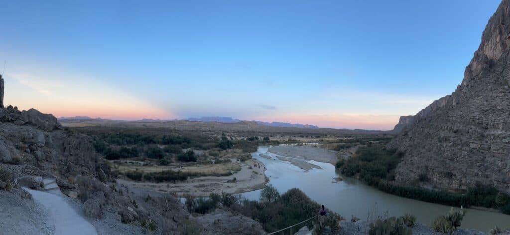 View of the rio grande and the chisos mountains at sunset
