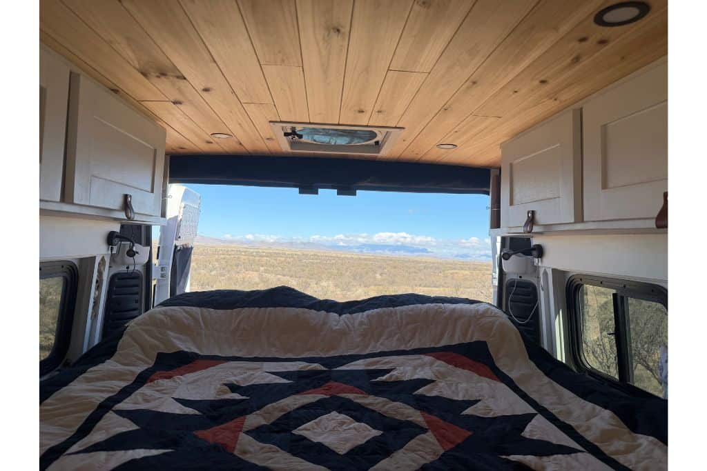 View of mountains from camper van bed