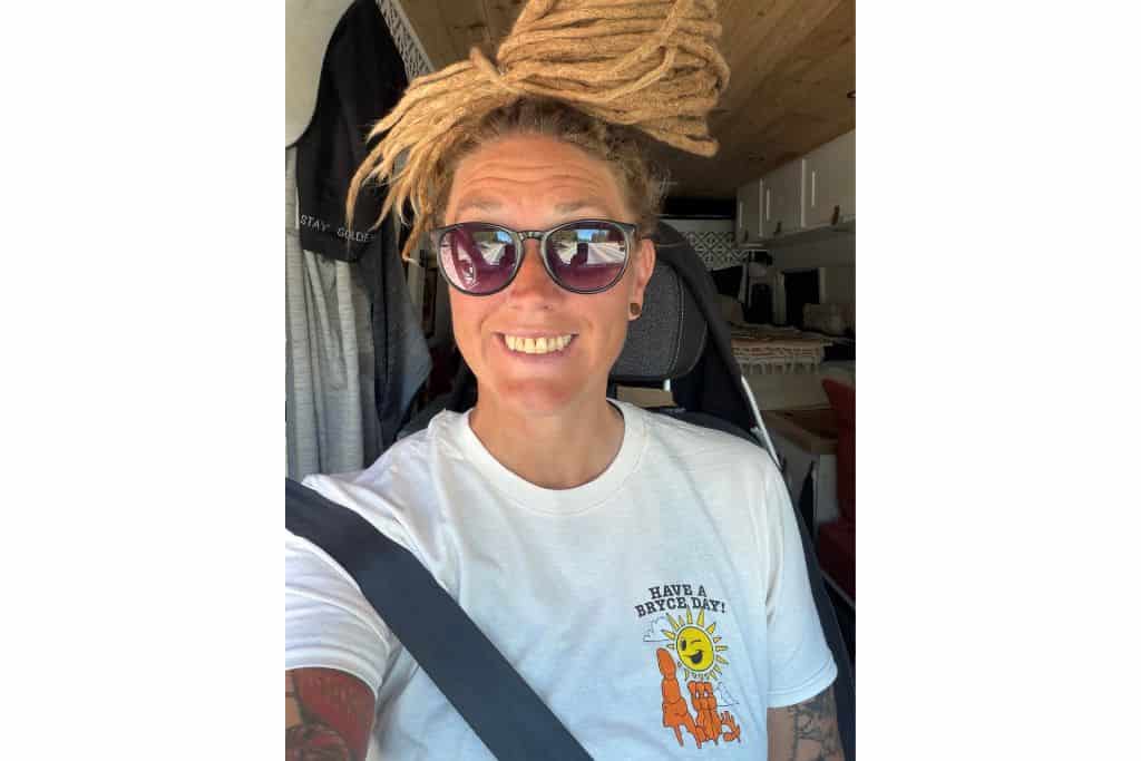 woman wearing a "have a Bryce day" t-shirt