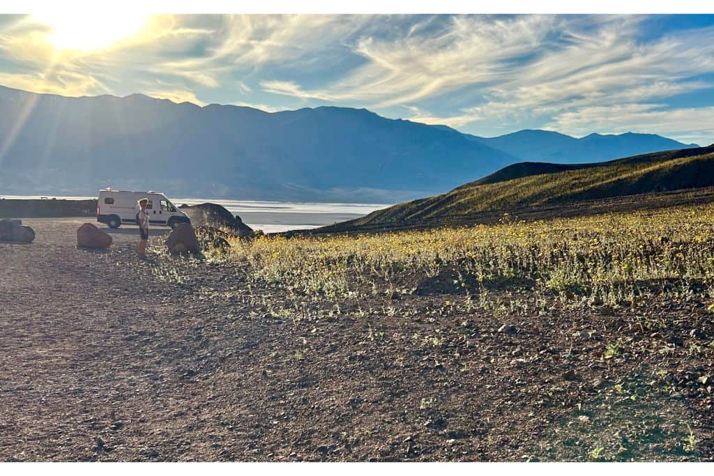 A field of yellow flowers at sunset with van and Mountain View Death Valley 