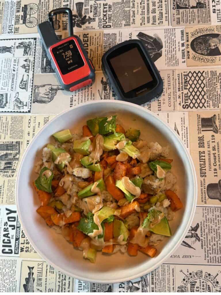Bowl of food with bike computer and inReach