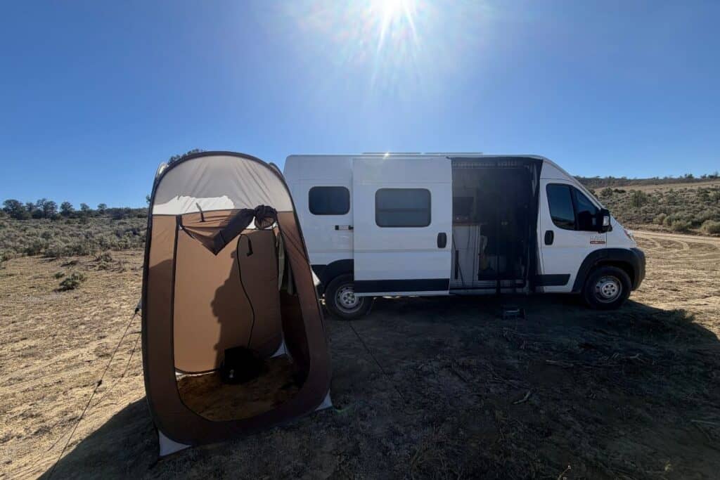portable shower setup outside camper van